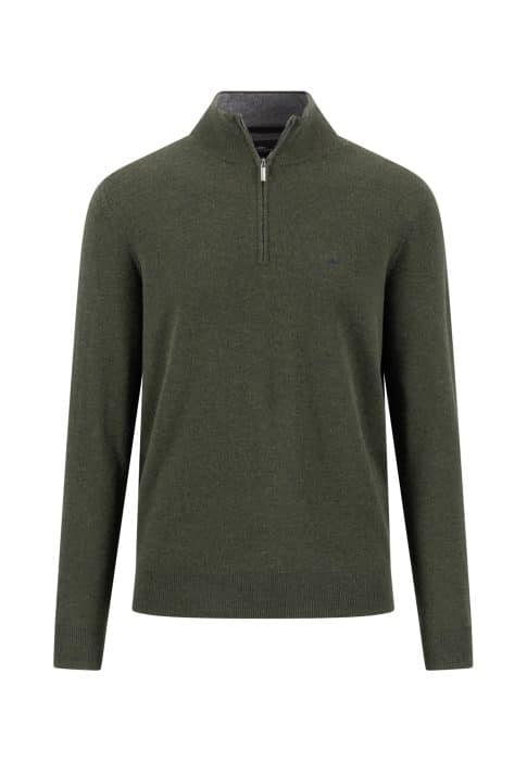 A long-sleeve, dark green pullover jumper with a half-zip collar and a subtle logo on the chest, displayed on a plain white background.