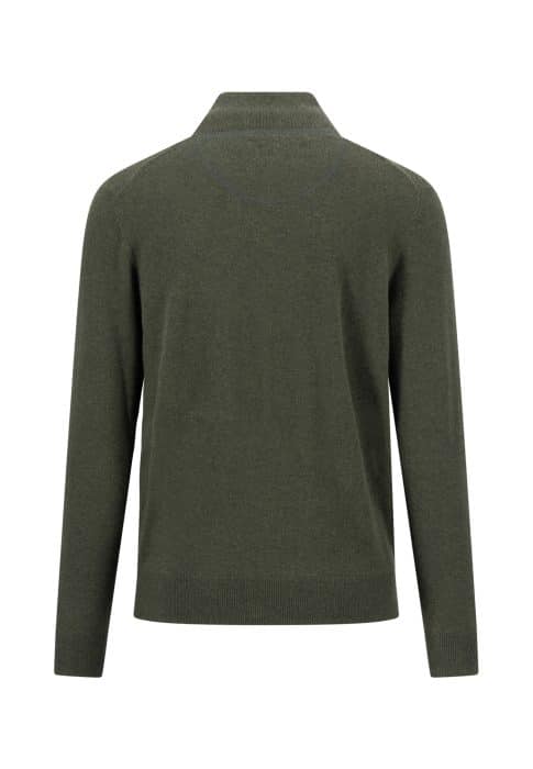 Back view of a long-sleeved, olive green jumper with a high collar and simple, plain design. Jumper is laid flat on a white background.