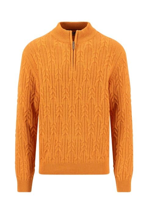 Orange cable-knit jumper with a half-zip collar, long sleeves, and ribbed cuffs and hem, displayed on a plain white background.