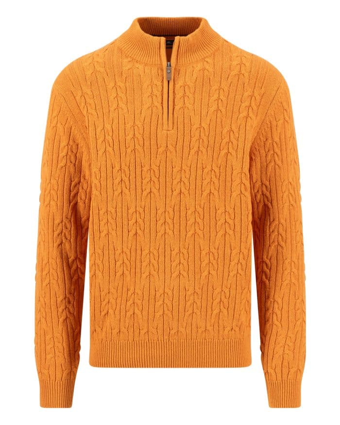 Orange cable-knit jumper with a half-zip collar, long sleeves, and ribbed cuffs and hem, displayed on a plain white background.