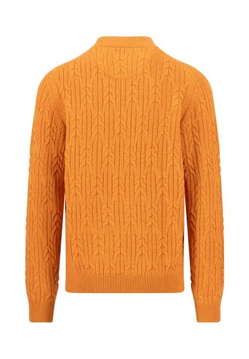Orange cable-knit jumper shown from the back, featuring a ribbed hem, cuffs, and neckline. The textured knit pattern runs vertically across the entire garment.