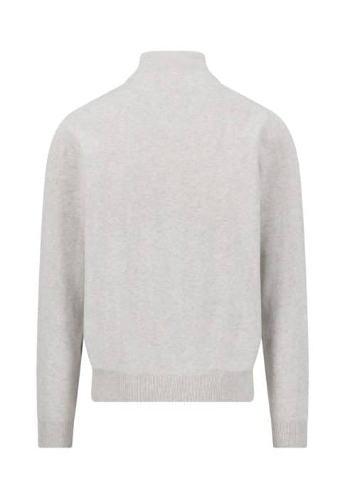 Back view of a light grey, long-sleeve jumper with ribbed collar, cuffs, and waistband, displayed on a plain white background.