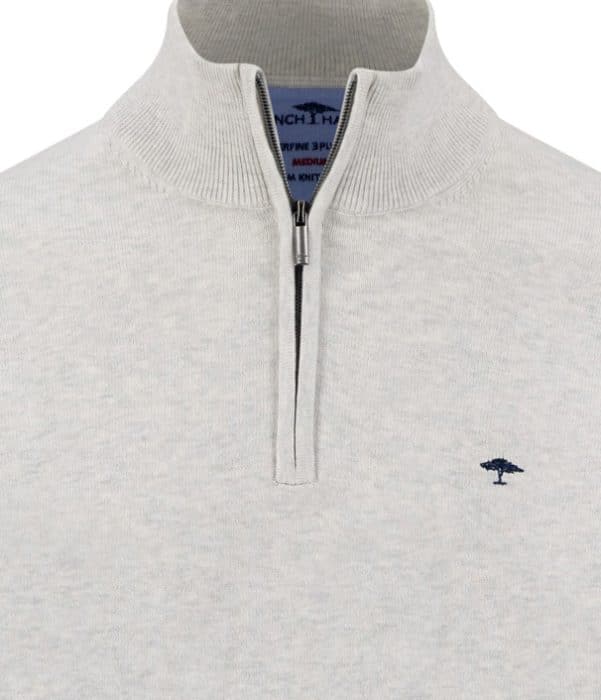 Light grey quarter-zip jumper with a ribbed high collar and a small blue tree logo stitched on the left chest. The zip is silver, and the label inside the collar is partially visible.