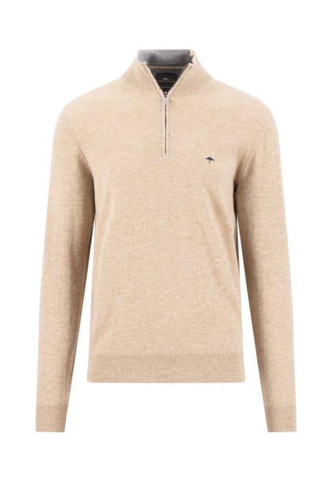 Beige long-sleeve quarter-zip jumper with a small embroidered logo on the left chest, ribbed cuffs and hem, and a short stand-up collar. The zip is silver and partially open, revealing a darker inner collar lining.