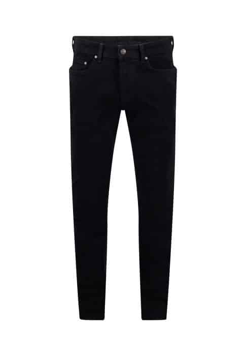 A pair of black slim-fit jeans displayed on a white background, with front pockets, a button fastening, and belt loops.