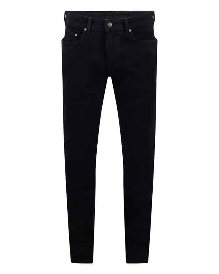 A pair of black slim-fit jeans displayed on a white background, with front pockets, a button fastening, and belt loops.