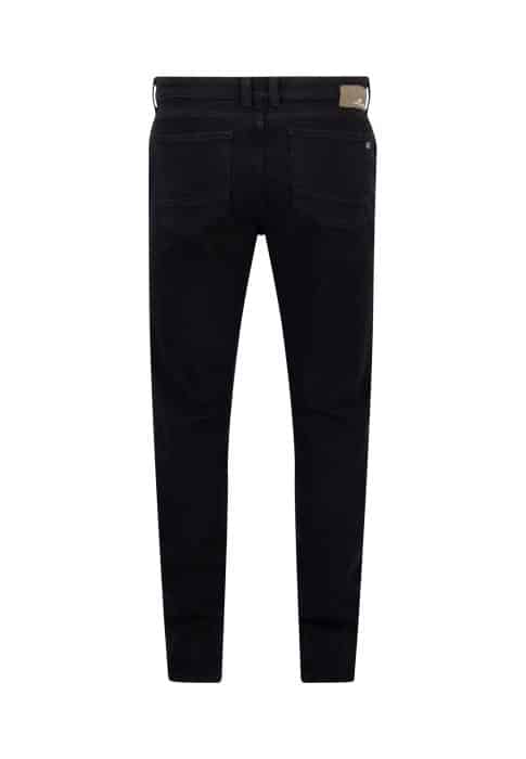 A pair of black denim jeans shown from the back, featuring two back pockets, belt loops, and a small brown label on the waistband.