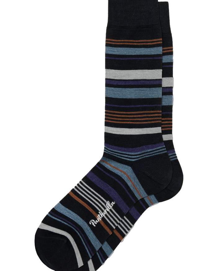 A pair of black socks with horizontal stripes in blue, orange, grey, and white, shown overlapping on a white background. The word Panthrella is printed in white on the side of the toe.