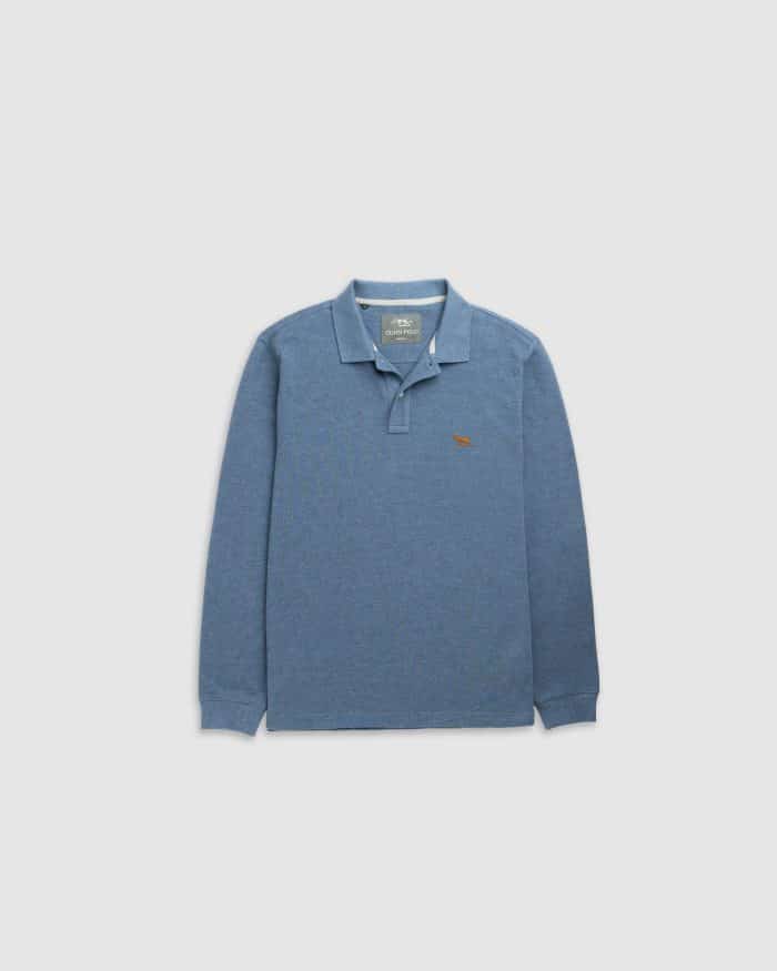 A blue long-sleeve polo shirt with a collar and a small embroidered logo on the left chest, laid flat on a light grey background.