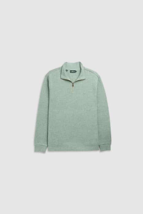A light green long-sleeve jumper with a quarter-zip collar and ribbed cuffs, displayed on a plain white background.