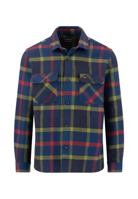 A long-sleeved button-up shirt with a blue, green, yellow, and red check pattern, two chest pockets with buttoned flaps, and a collar.