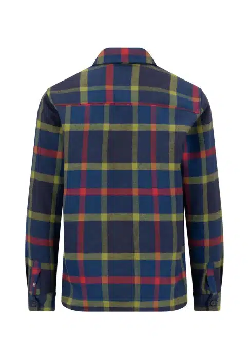A back view of a long-sleeved checked shirt with a pattern of blue, yellow, red, and green stripes. The shirt has a collar and buttoned cuffs.
