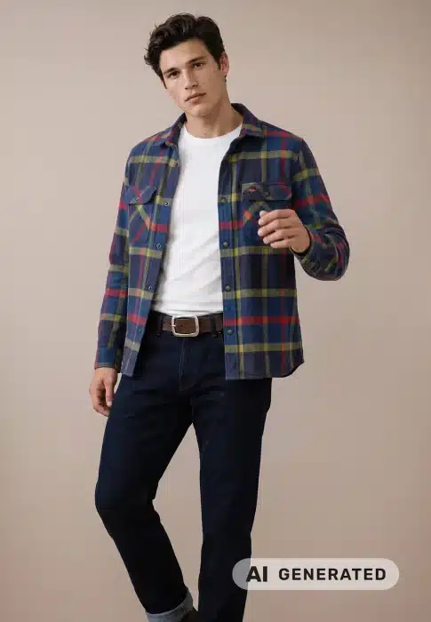 A person wearing a white T-shirt, checked button-up shirt, dark jeans, and a belt stands against a plain beige background. An AI GENERATED label is visible in the lower right corner.