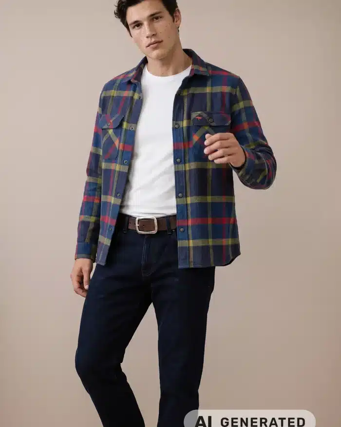 A person wearing a white T-shirt, checked button-up shirt, dark jeans, and a belt stands against a plain beige background. An AI GENERATED label is visible in the lower right corner.