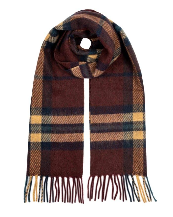 A brown, yellow, and blue checked scarf with fringed ends.