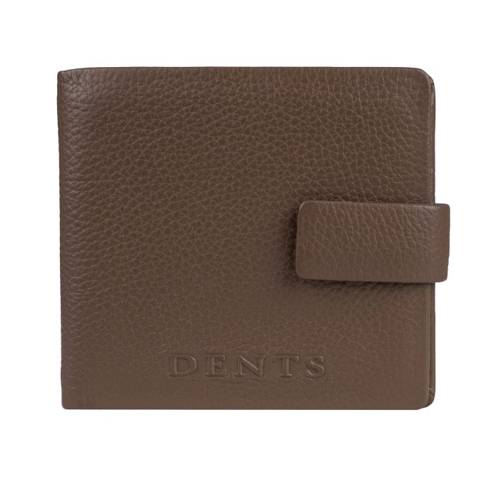 Brown leather bifold wallet with a press-stud fastening and the Dents logo embossed on the front.