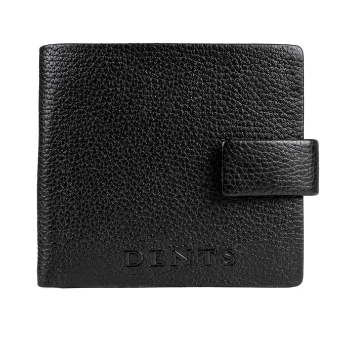Black leather bifold wallet with a press-stud strap and the DENTS logo embossed on the front.