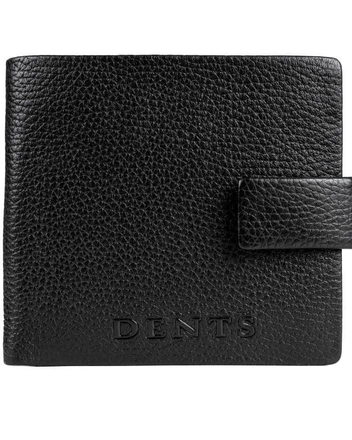 Black leather bifold wallet with a press-stud strap and the DENTS logo embossed on the front.