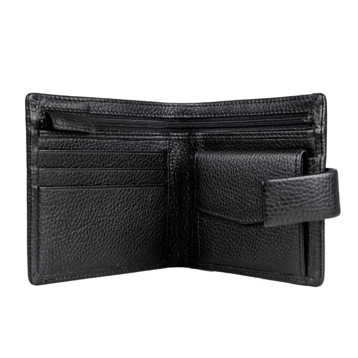 Open black leather bifold wallet with multiple card slots, a zippered compartment, and a press-stud coin pocket.