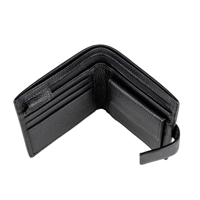 Open black leather bifold wallet with multiple card slots and zippered compartments.