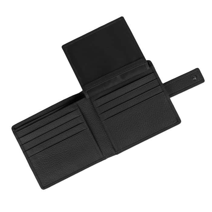 Open black leather wallet with multiple card slots and a press-stud strap.