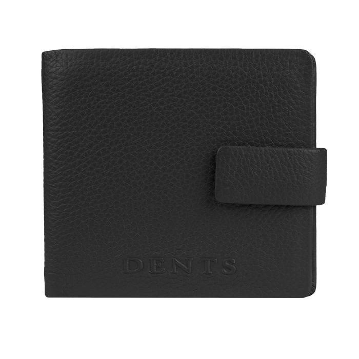 Black leather bifold wallet with a press-stud fastening and the Dents logo embossed at the bottom.