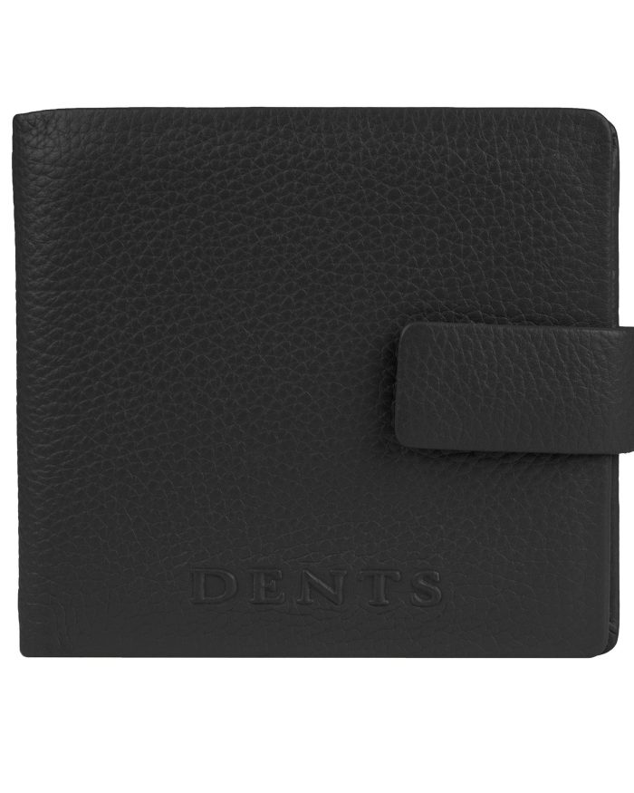 Black leather bifold wallet with a press-stud fastening and the Dents logo embossed at the bottom.