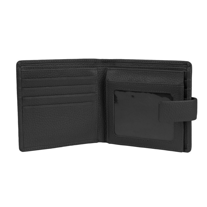 Black bifold wallet with multiple card slots and a clear ID window.