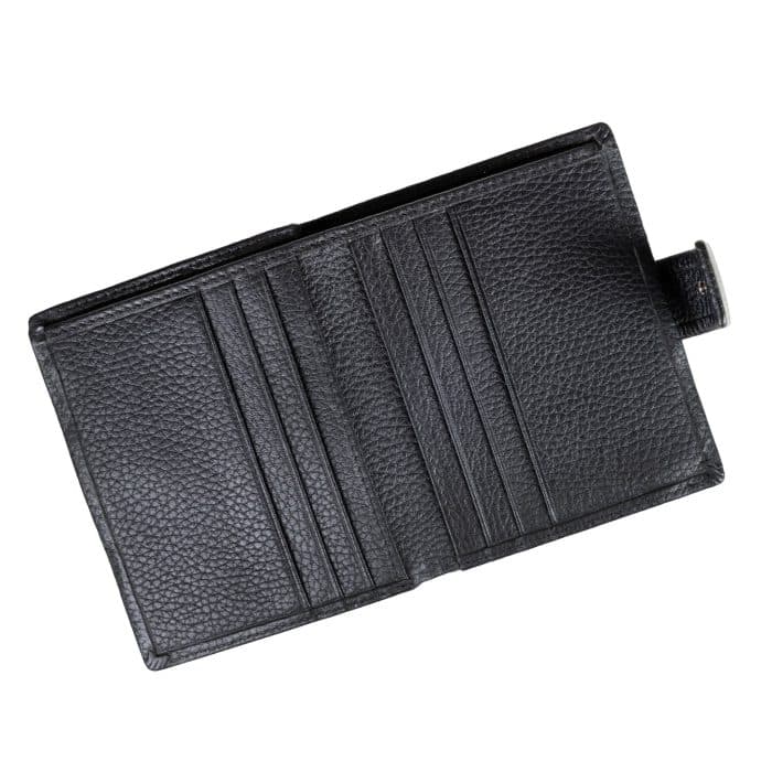 Open black leather bifold wallet with multiple vertical card slots.