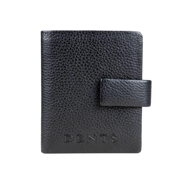 Black leather travel wallet with a press stud fastening and the Dents logo embossed at the bottom.