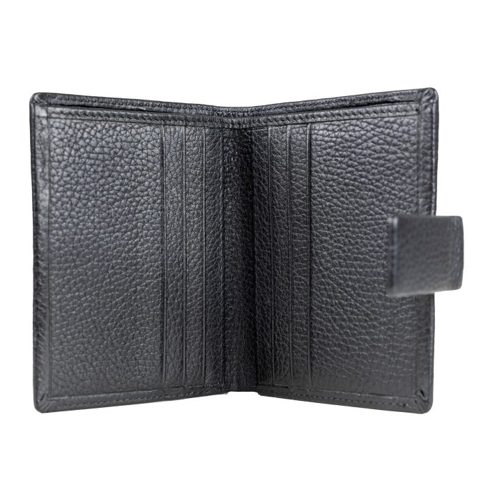 Open black leather wallet with multiple card slots and a press-stud fastening.