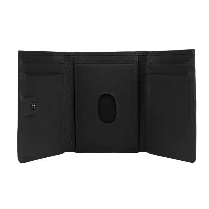 Black trifold wallet opened to show card slots and a central ID window.
