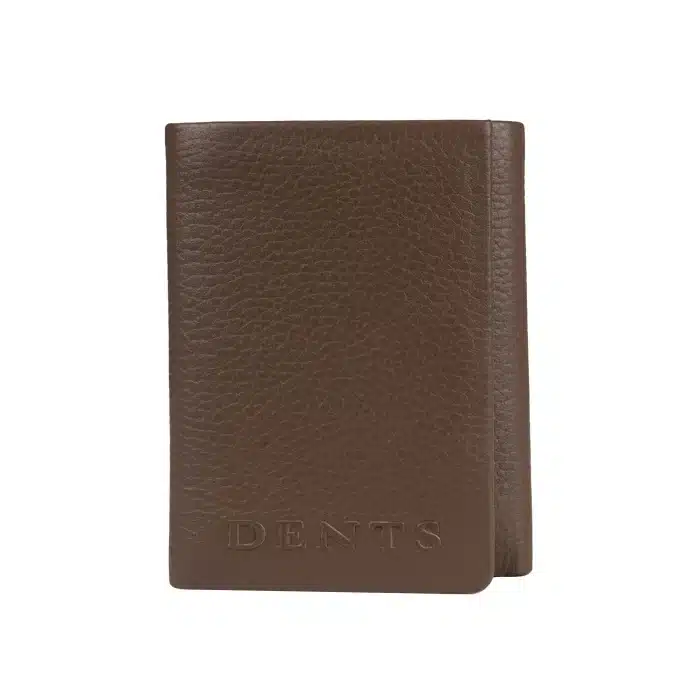 Brown leather card holder with the Dents logo embossed at the bottom.