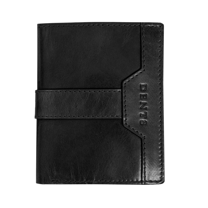 Black leather wallet with a horizontal strap and the brand name DENTS embossed on the side.