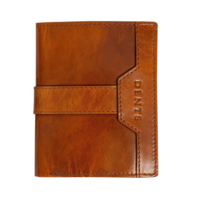 Brown leather DENTS branded card holder with a horizontal strap fastening.
