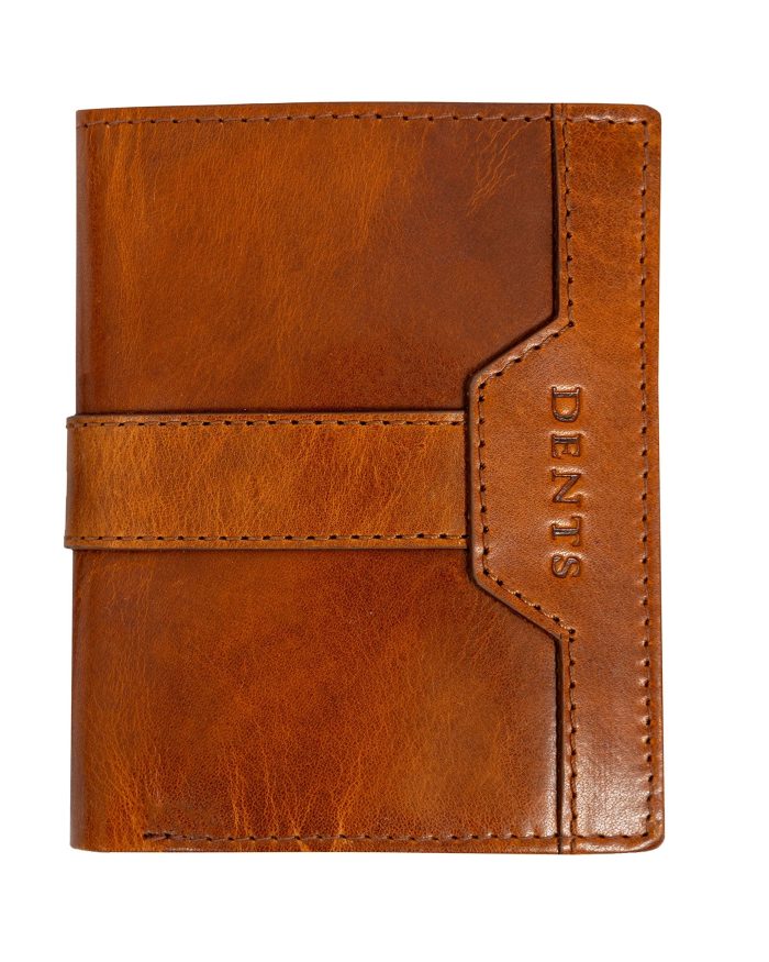 Brown leather DENTS branded card holder with a horizontal strap fastening.