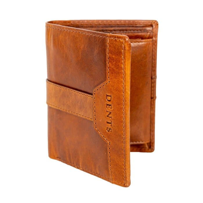 Tan leather bi-fold wallet with a vertical strap fastening, embossed with the brand name DENTS.