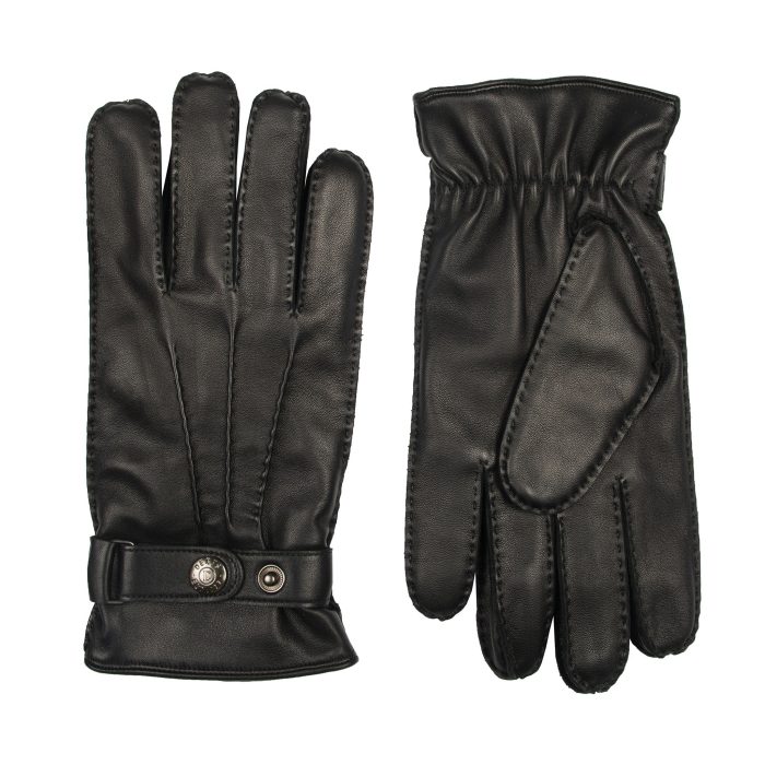 A pair of black leather gloves, showing the palm side with a buttoned wrist strap and the back side with gathered elastic detailing.