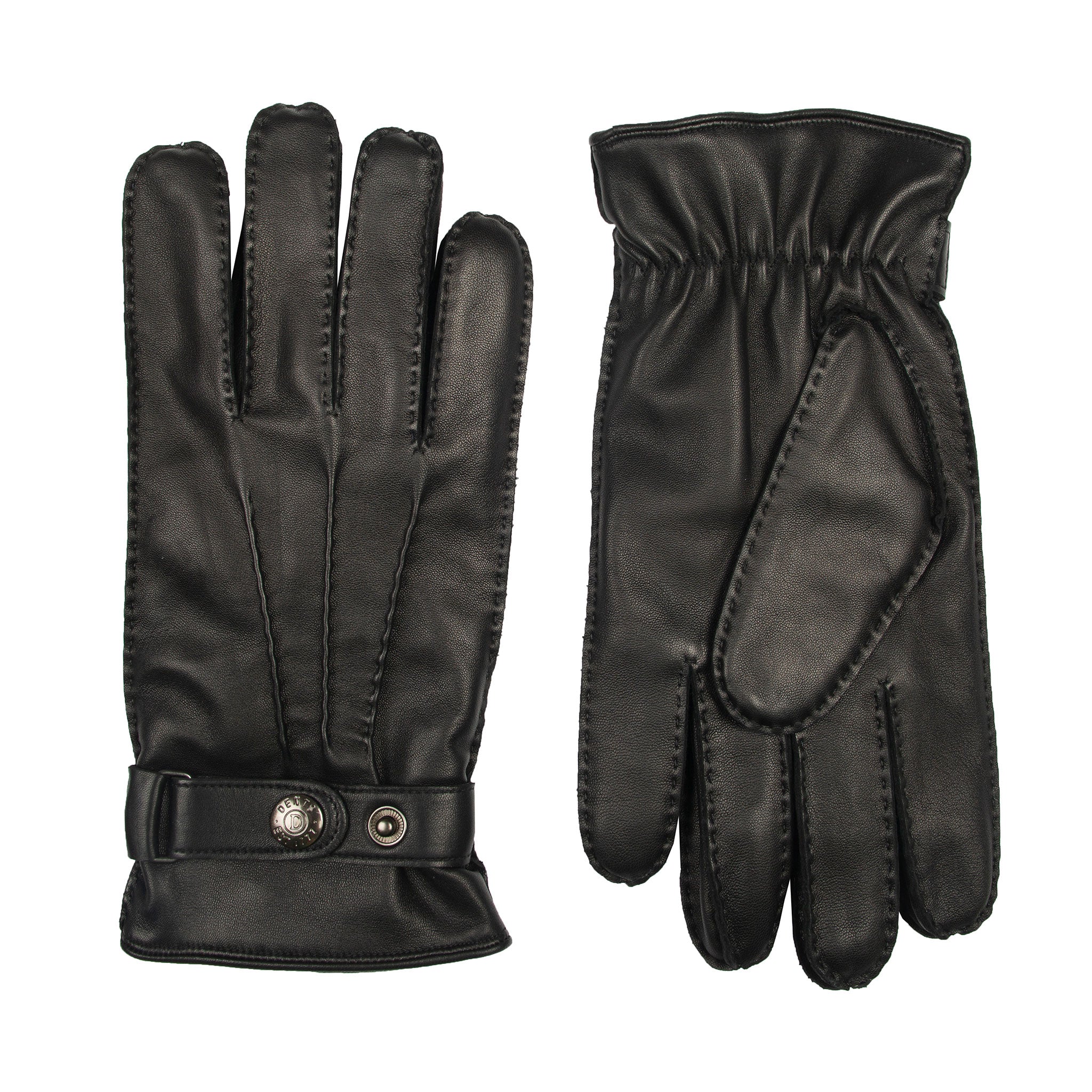 A pair of black leather gloves, showing the palm side with a buttoned wrist strap and the back side with gathered elastic detailing.