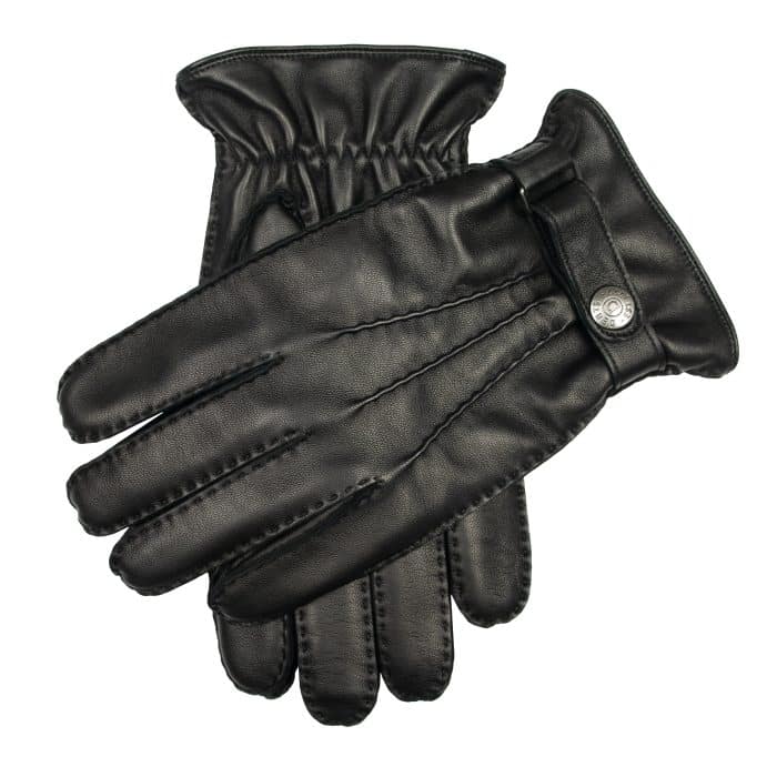 A pair of black leather gloves with a press stud fastening at the wrist.