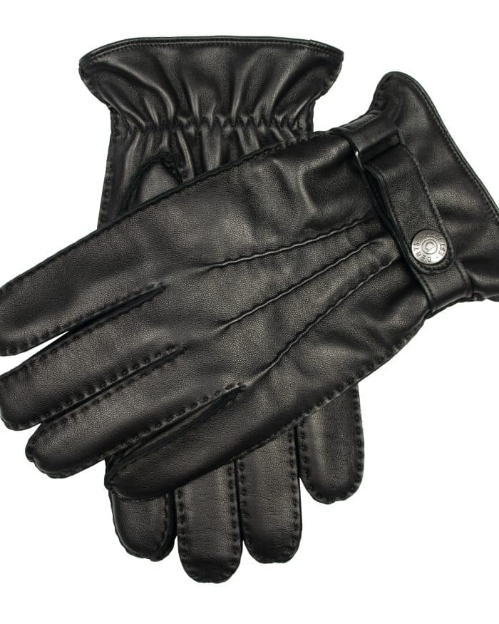 A pair of black leather gloves with a press stud fastening at the wrist.