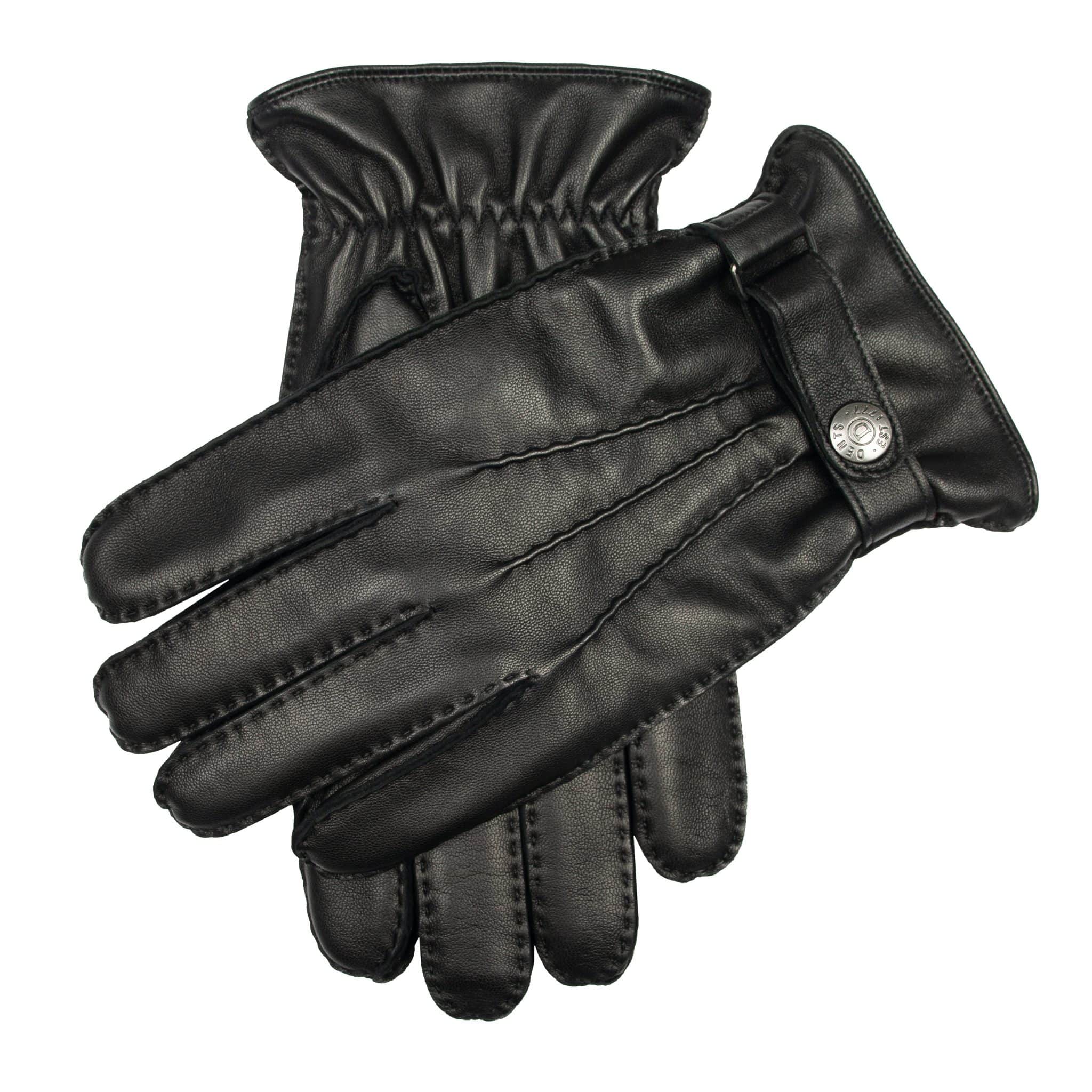A pair of black leather gloves with a press stud fastening at the wrist.