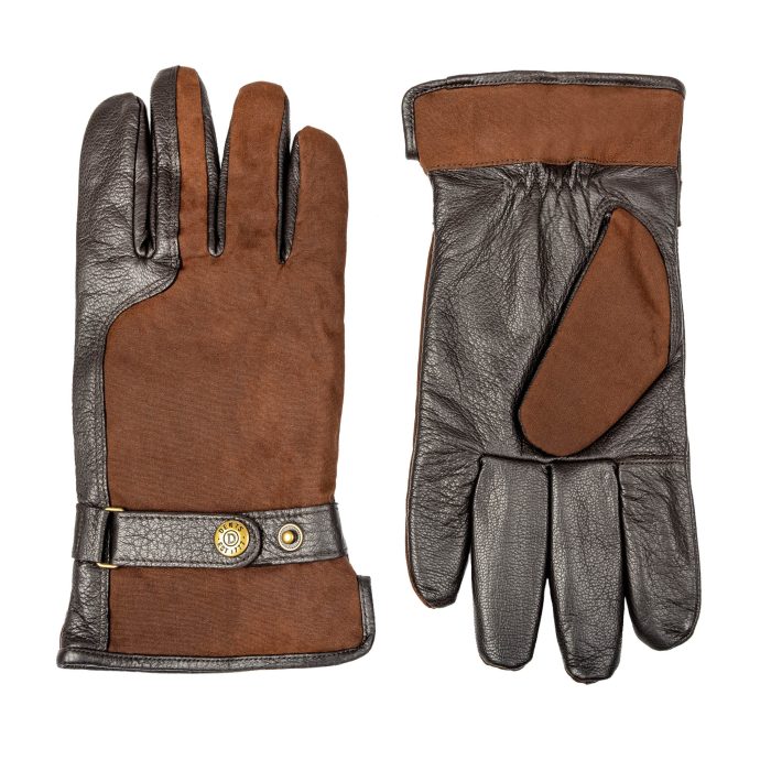 A pair of brown leather and fabric gloves, shown from the front and back, with a gold logo button at the wrist.
