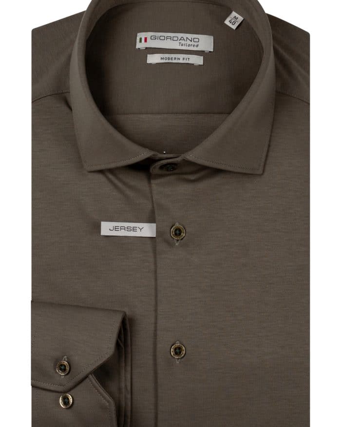 A dark brown long-sleeve Giordano jersey shirt with a button-down collar and branded buttons.
