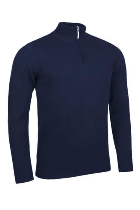 A navy blue, long-sleeve pullover jumper with a zip mock neck, displayed on a plain white background.