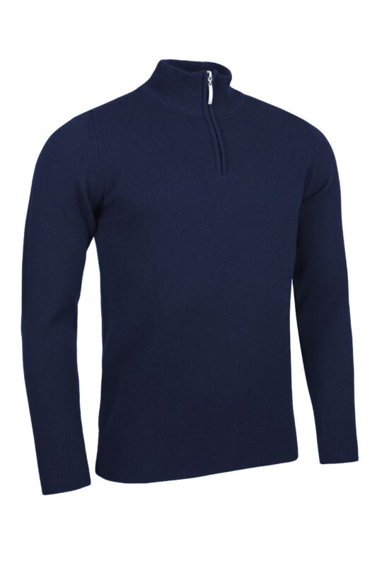 A navy blue, long-sleeve pullover jumper with a zip mock neck, displayed on a plain white background.