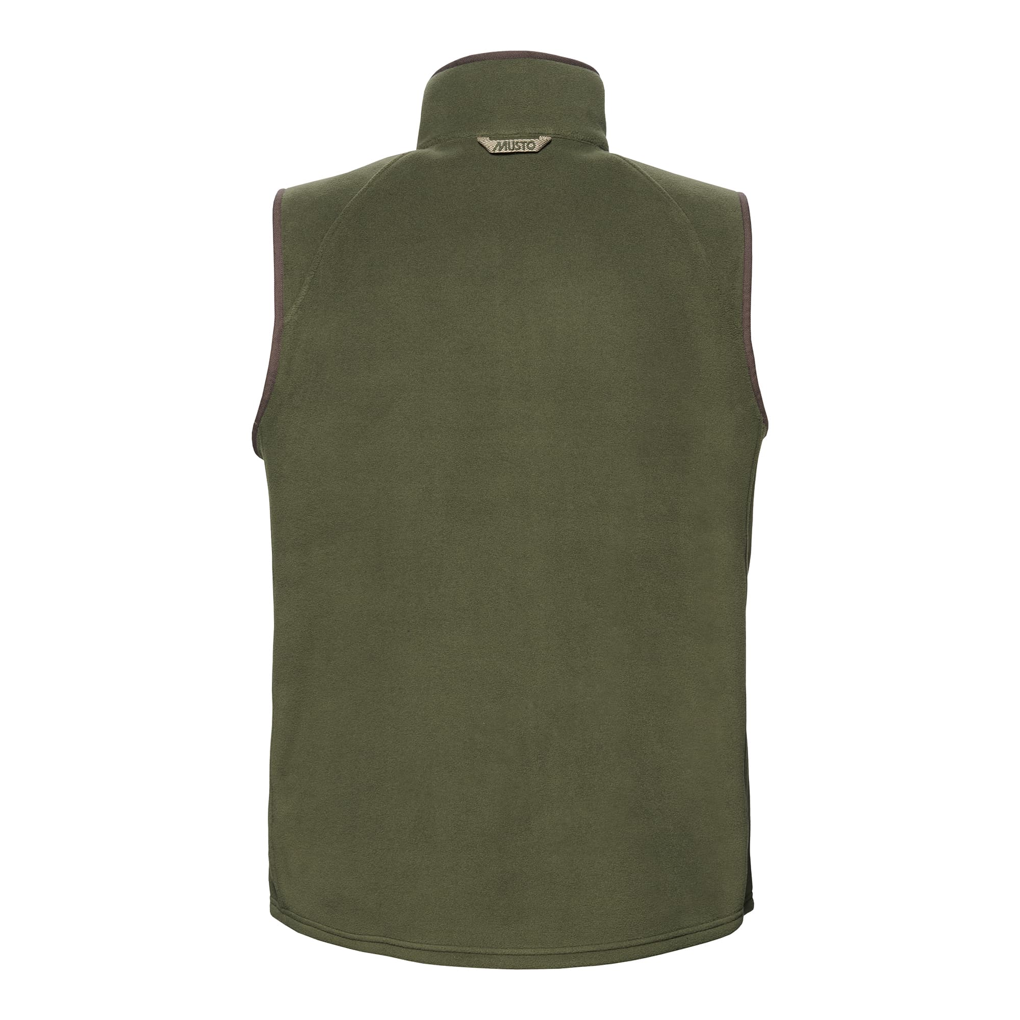 Back view of an olive green Musto fleece gilet.