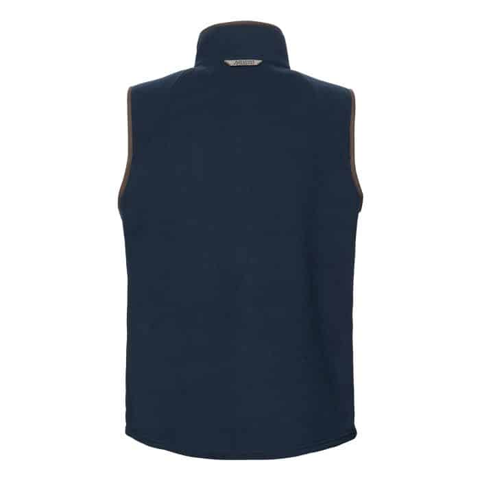 Back view of a navy blue fleece gilet with brown trim and a Musto logo on the collar.