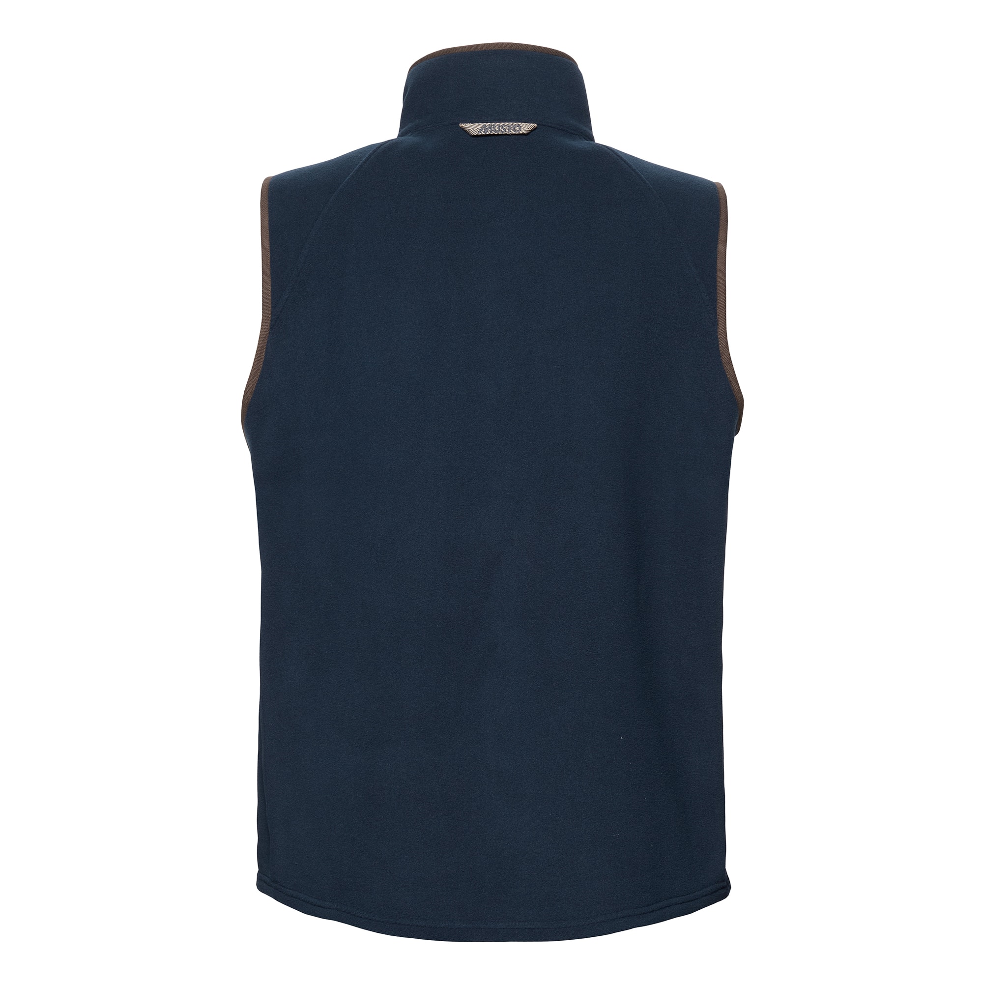 Back view of a navy blue fleece gilet with brown trim and a Musto logo on the collar.