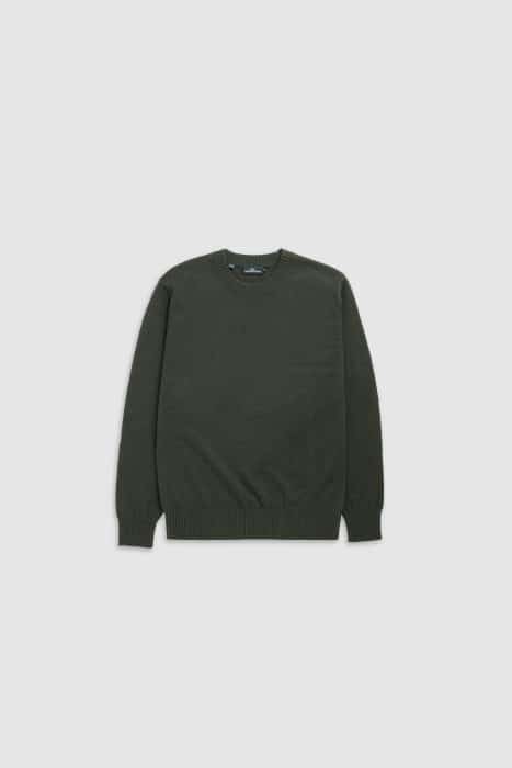 Dark green crew neck jumper with ribbed cuffs and hem.